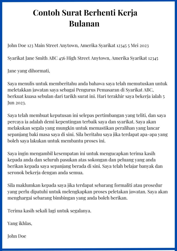 Surat Perletakan Jawatan Notis Sebulan | Format Dan Contoh