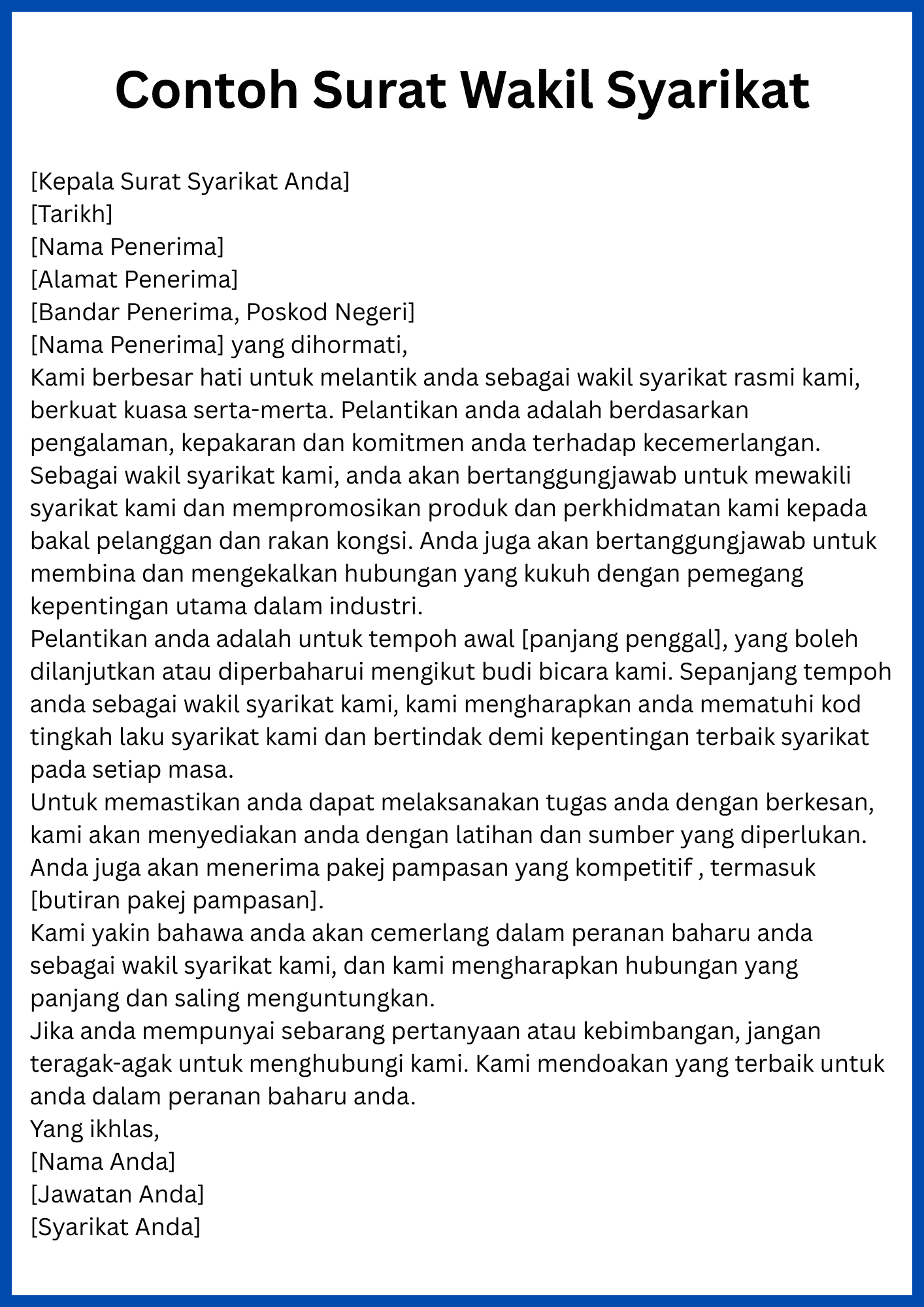 Contoh Surat Pelantikan Wakil Syarikat