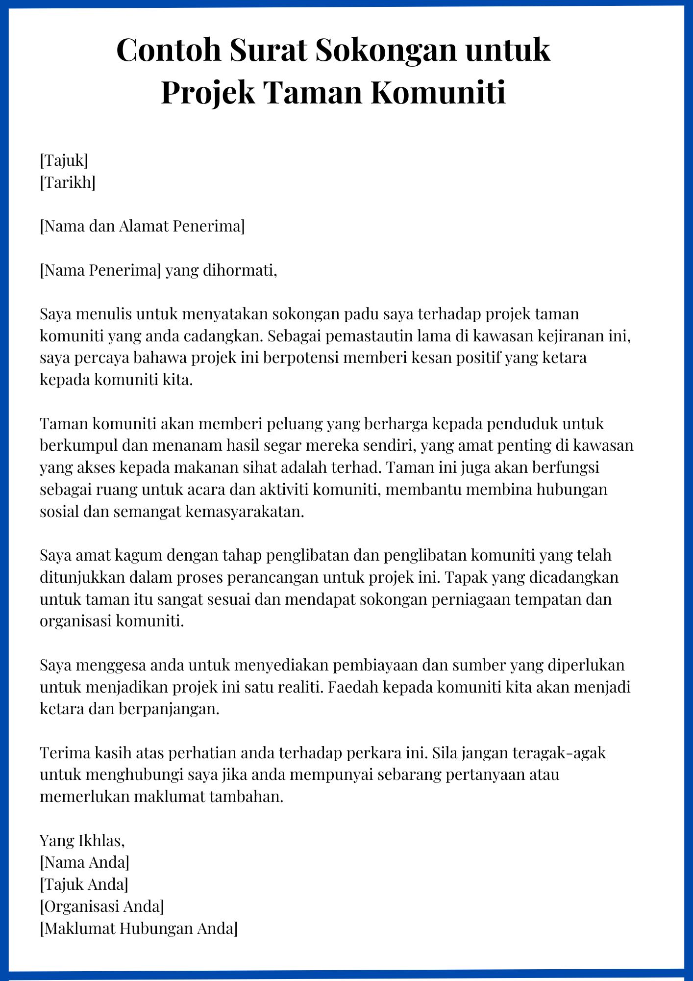 Contoh Surat Sokongan untuk Projek Taman Komuniti