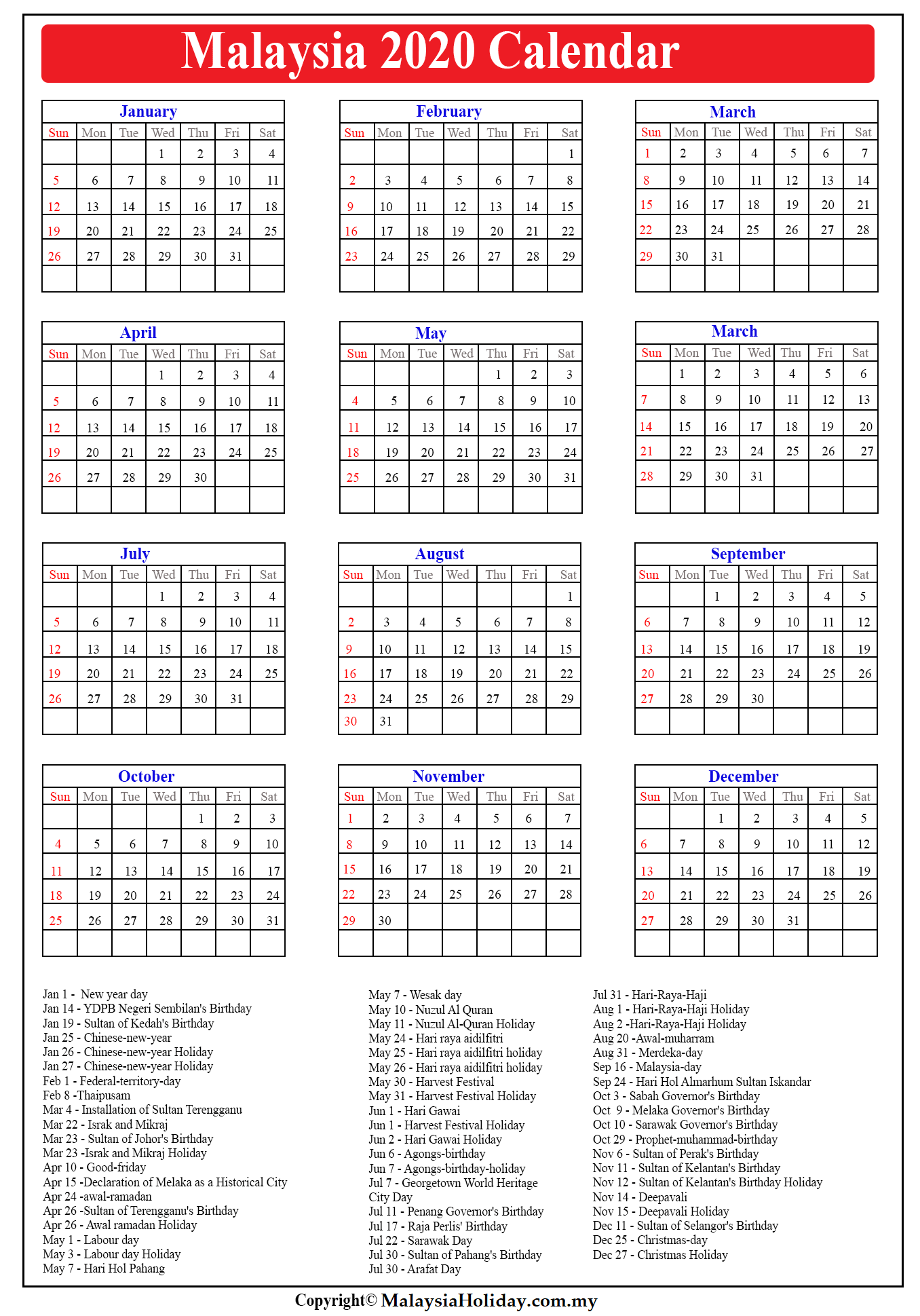 Calendar 2020 Malaysia