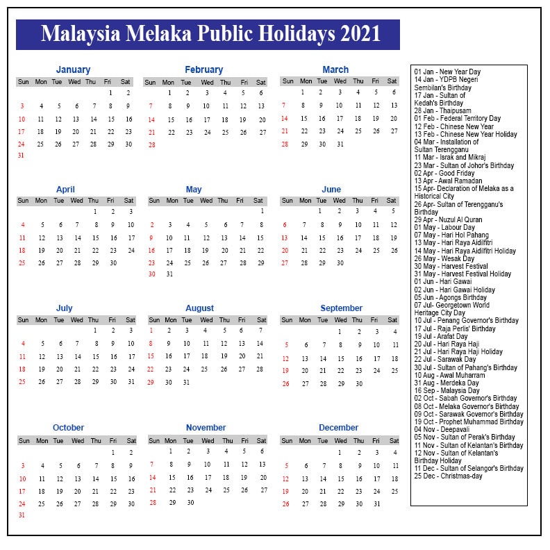 Public Holidays 2021 Melaka