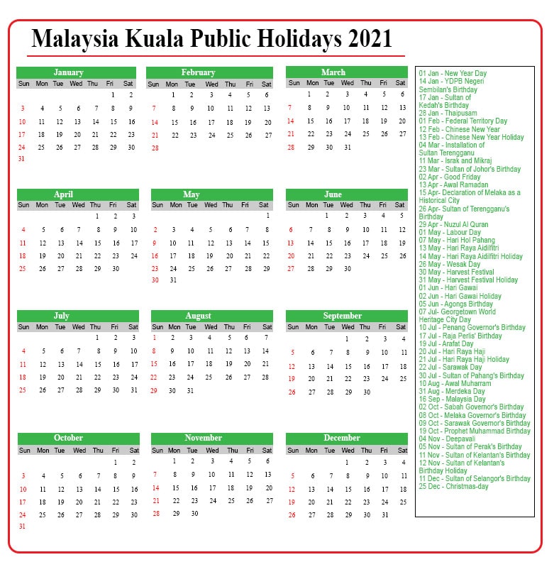 Kuala Lumpur Public Holidays 2021
