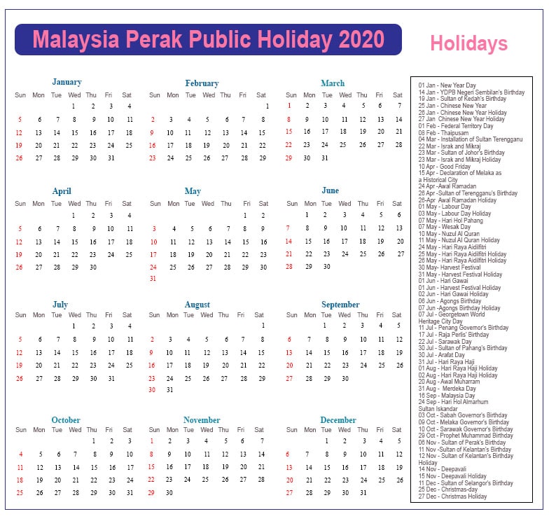 Perak Public Holidays 2020 Perak Holiday Calendar