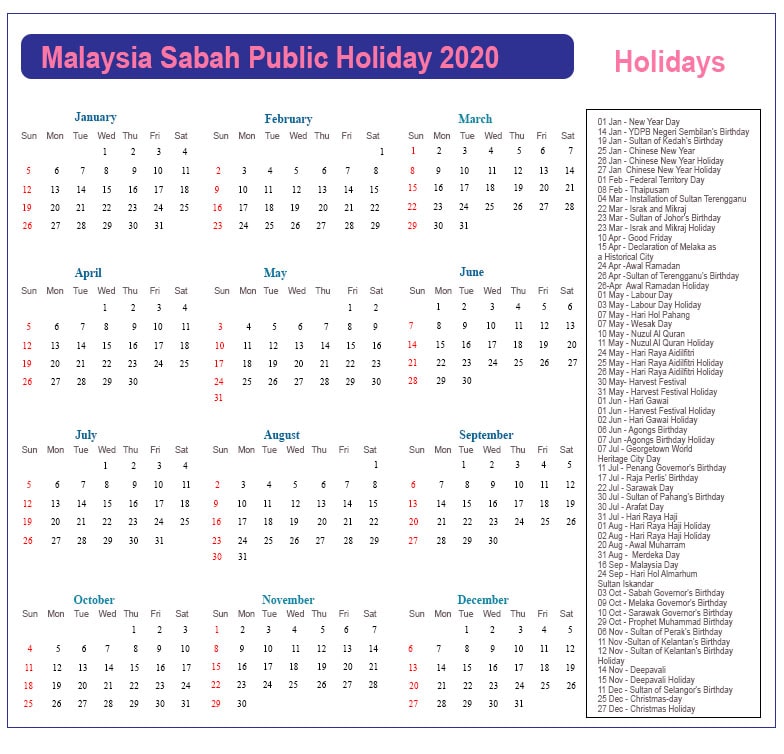 Sabah Public Holidays 2020 Sabah Holiday Calendar