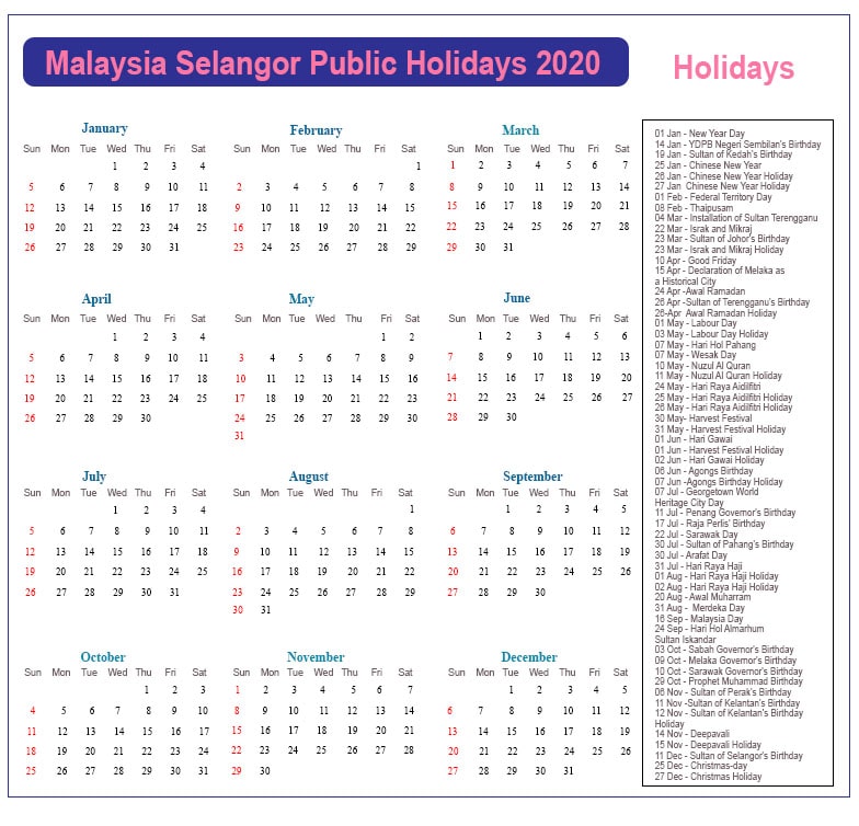 Selangor Public Holidays 2020 Selangor Holiday Calendar