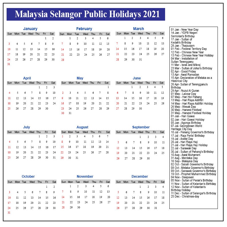 Selangor Public Holidays 2021