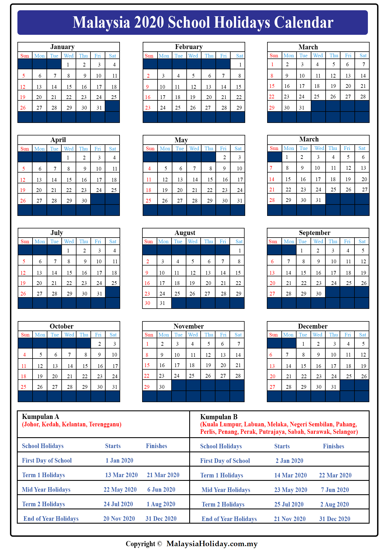 Malaysia School Holidays 2020 School Calendar Malaysia 2020