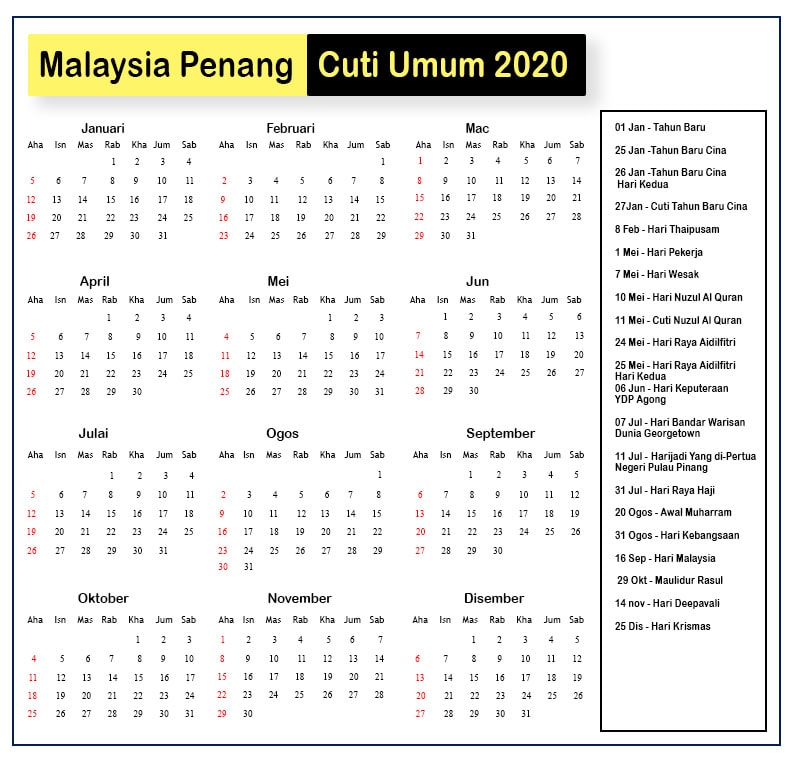 Malaysia Penang Cuti Umum 2020