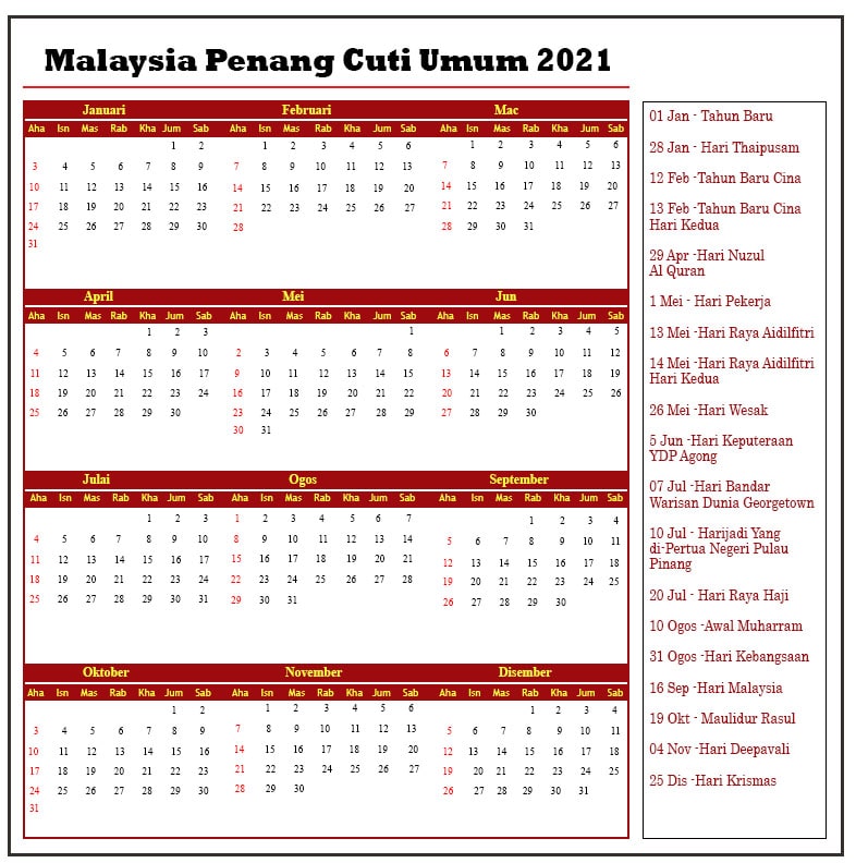 Malaysia Penang Cuti Umum 2021