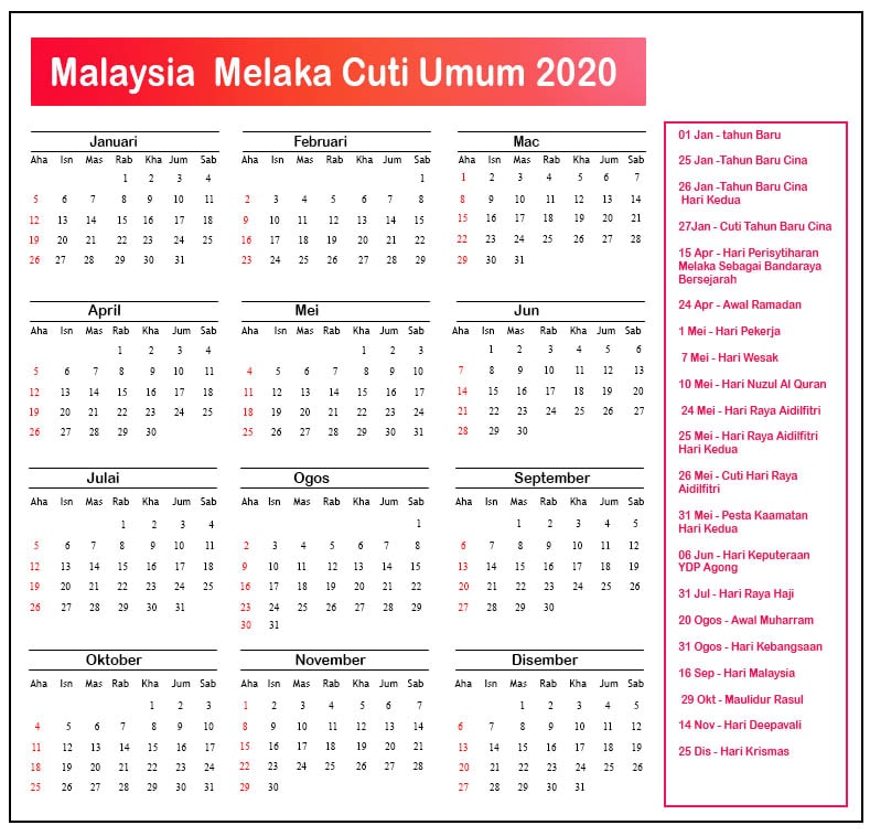 Melaka Cuti Umum 2020