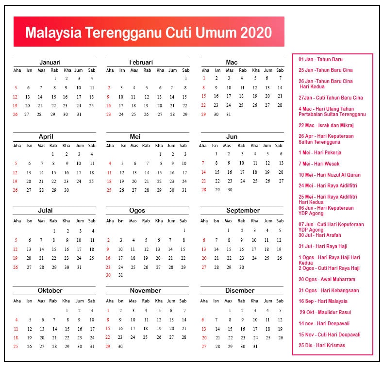 Terengganu Cuti Umum Kalendar 2020 ️