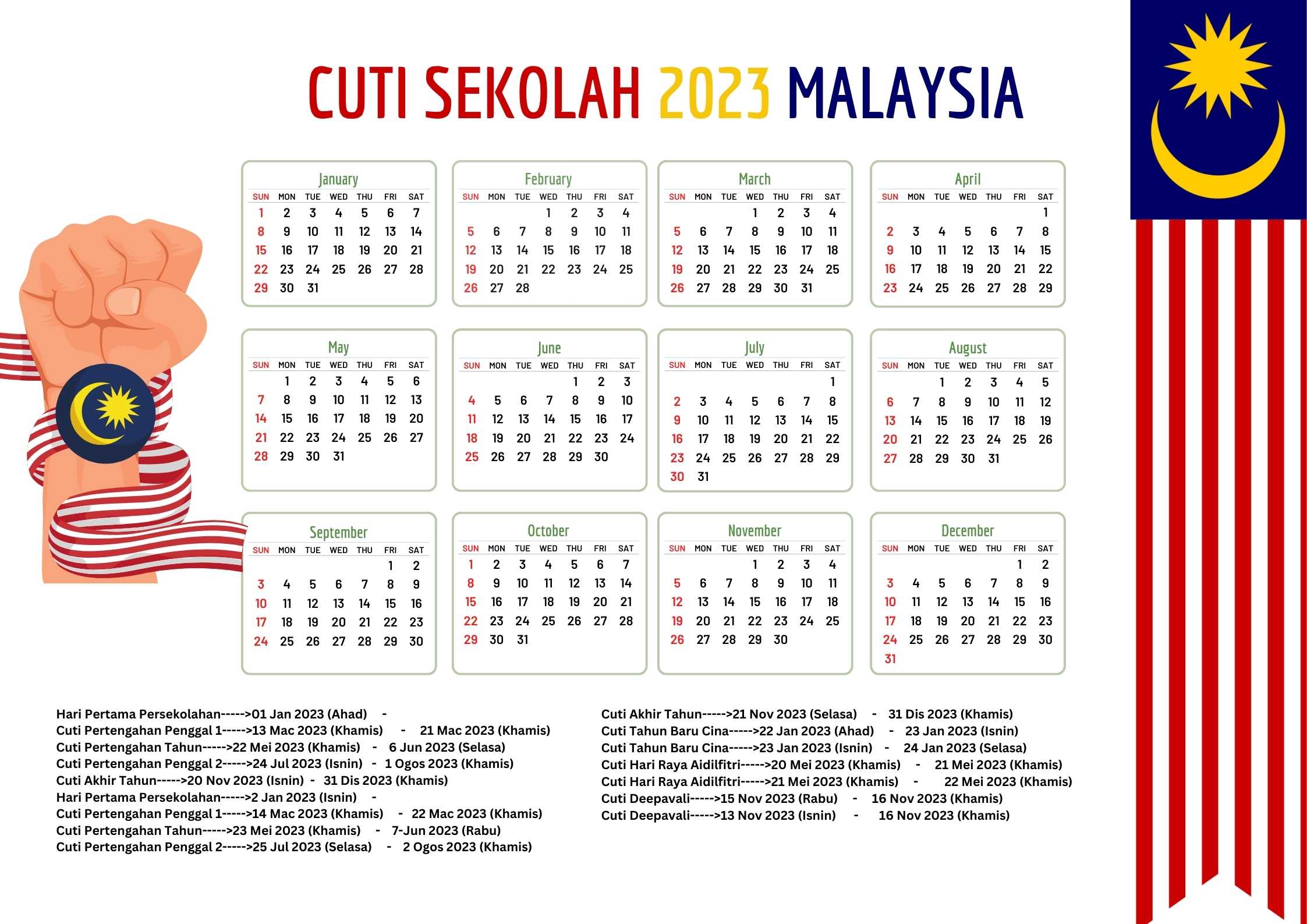 School Holidays 2023 Malaysian Calendar ❤️✓